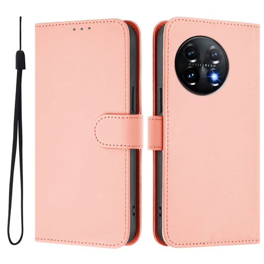 For OnePlus 11 Skin Feel Solid Color Leather Phone Case with Lanyard(Pink) by buy2fix