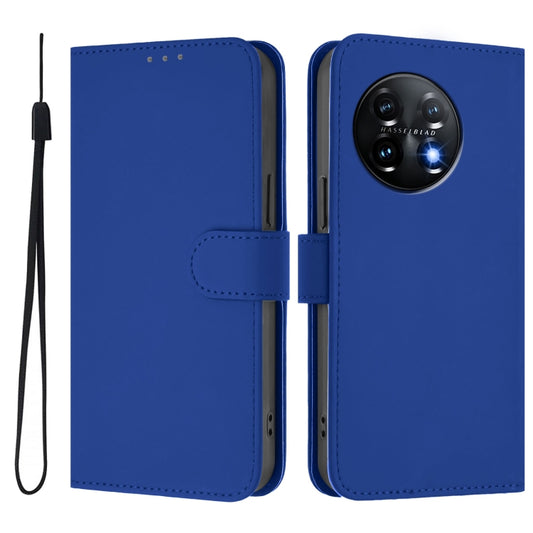 For OnePlus 11 Skin Feel Solid Color Leather Phone Case with Lanyard(Dark Blue) by buy2fix