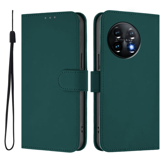For OnePlus 11 Skin Feel Solid Color Leather Phone Case with Lanyard(Dark Green) by buy2fix
