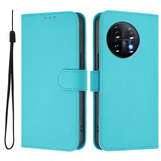 For OnePlus 11 Skin Feel Solid Color Leather Phone Case with Lanyard(Lake Blue) by buy2fix