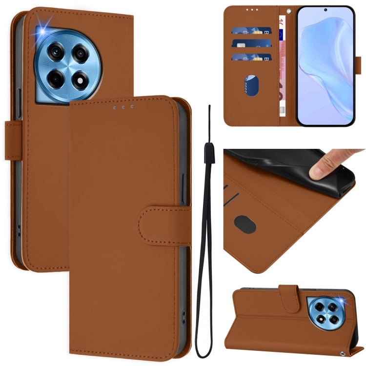 For OnePlus 12 5G Global Skin Feel Solid Color Leather Phone Case with Lanyard(Brown) - OnePlus Cases by buy2fix | Online Shopping UK | buy2fix