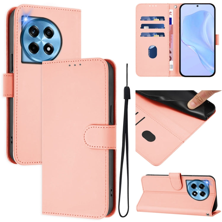 For OnePlus 12 5G Global Skin Feel Solid Color Leather Phone Case with Lanyard(Pink) - OnePlus Cases by buy2fix | Online Shopping UK | buy2fix