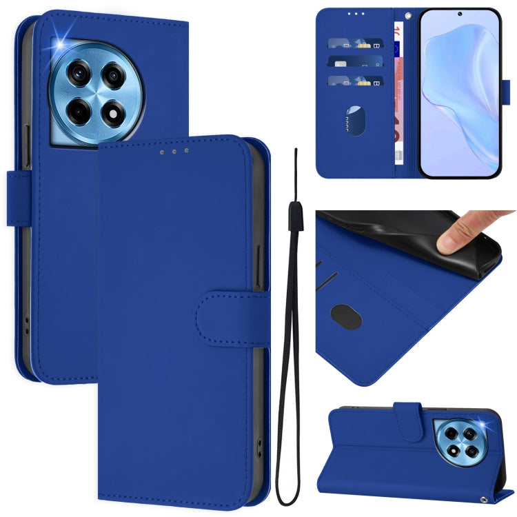 For OnePlus 12 5G Global Skin Feel Solid Color Leather Phone Case with Lanyard(Dark Blue) - OnePlus Cases by buy2fix | Online Shopping UK | buy2fix