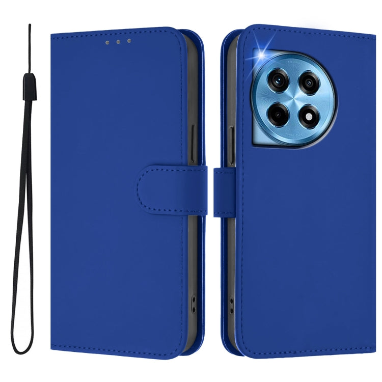 For OnePlus 12 5G Global Skin Feel Solid Color Leather Phone Case with Lanyard(Dark Blue) - OnePlus Cases by buy2fix | Online Shopping UK | buy2fix