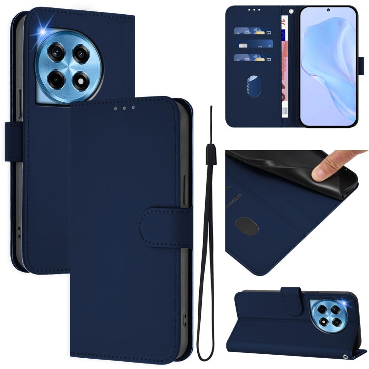 For OnePlus 12 5G Global Skin Feel Solid Color Leather Phone Case with Lanyard(Navy Blue) - OnePlus Cases by buy2fix | Online Shopping UK | buy2fix