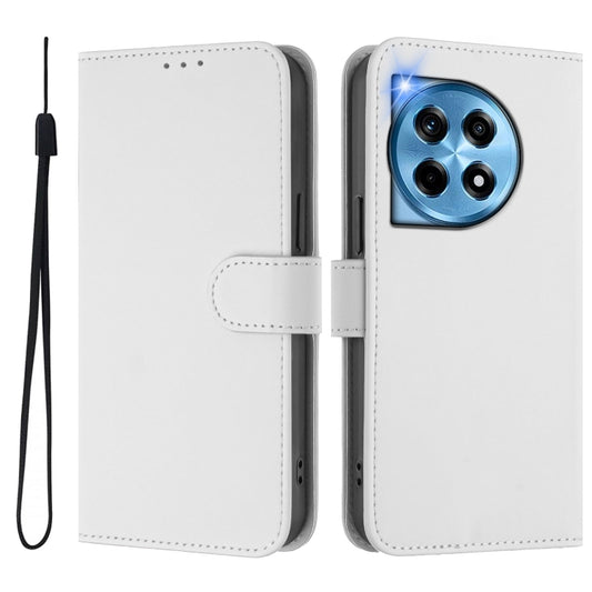 For OnePlus 12 5G Global Skin Feel Solid Color Leather Phone Case with Lanyard(White) by buy2fix