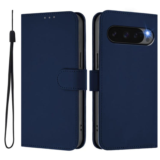 For Google Pixel 10 / 10 Pro Skin Feel Solid Color Leather Phone Case with Lanyard(Navy Blue) - Google Cases by buy2fix | Online Shopping UK | buy2fix