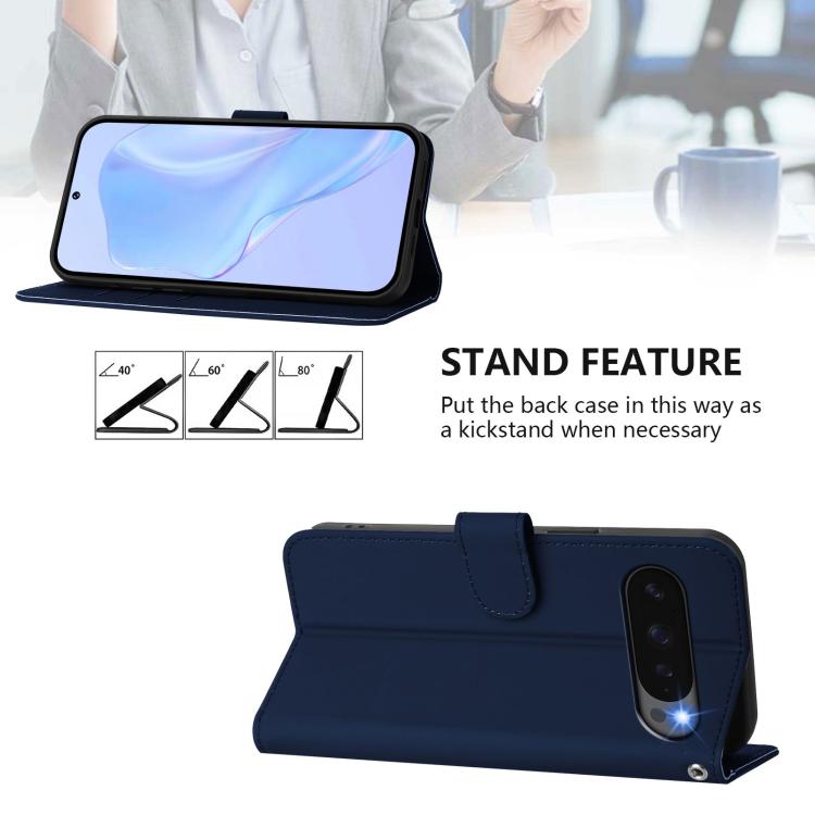 For Google Pixel 10 Pro XL Skin Feel Solid Color Leather Phone Case with Lanyard(Navy Blue) - Google Cases by buy2fix | Online Shopping UK | buy2fix