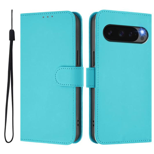 For Google Pixel 10 Pro XL Skin Feel Solid Color Leather Phone Case with Lanyard(Lake Blue) - Google Cases by buy2fix | Online Shopping UK | buy2fix
