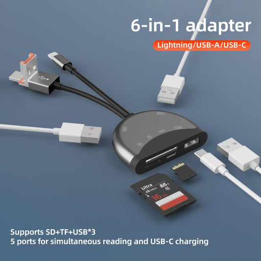 NK-1052TL Pro USB-C / Type-C, 8 Pin, USB to USB-C / Type-C, 3 x USB, TF / SD Card Multi-function Adapter(Dark Grey) by buy2fix