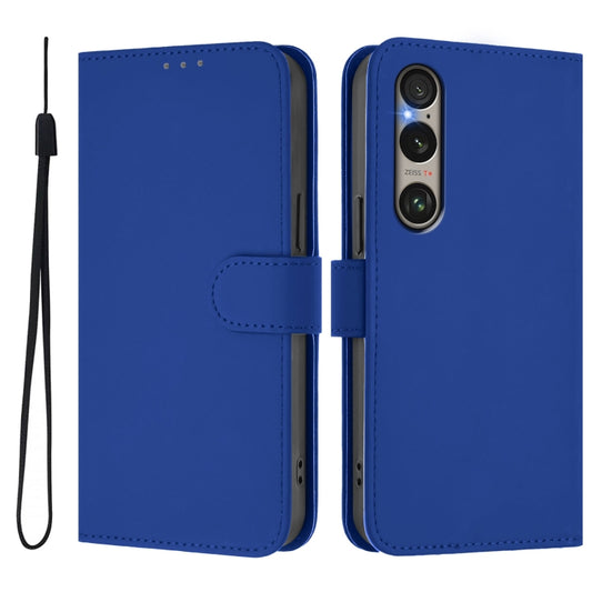 For Sony Xperia 1 VI 2024 Skin Feel Solid Color Leather Phone Case with Lanyard(Dark Blue) by buy2fix