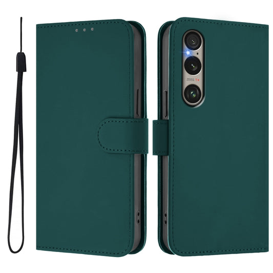 For Sony Xperia 1 VI 2024 Skin Feel Solid Color Leather Phone Case with Lanyard(Dark Green) by buy2fix