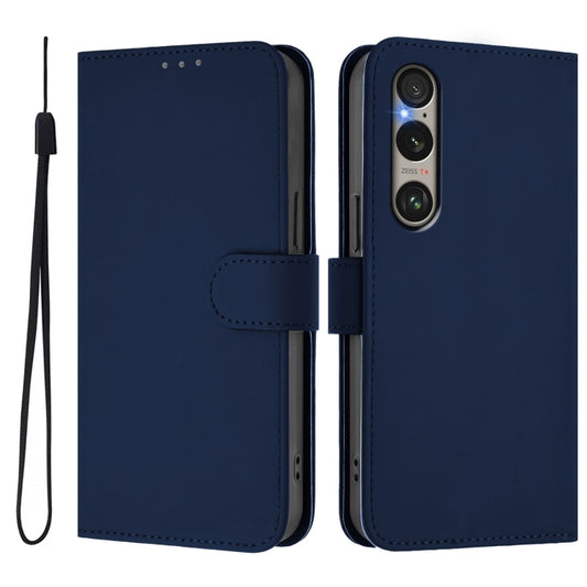 For Sony Xperia 1 VI 2024 Skin Feel Solid Color Leather Phone Case with Lanyard(Navy Blue) by buy2fix