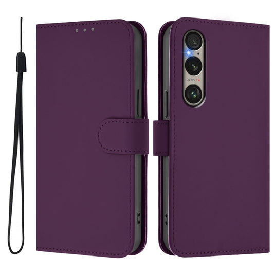 For Sony Xperia 1 VI 2024 Skin Feel Solid Color Leather Phone Case with Lanyard(Violet) by buy2fix