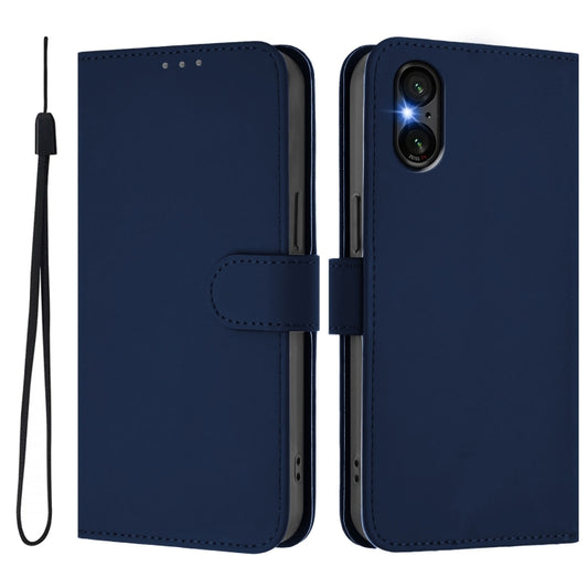 For Sony Xperia 5 VI 2024 Skin Feel Solid Color Leather Phone Case with Lanyard(Navy Blue) by buy2fix
