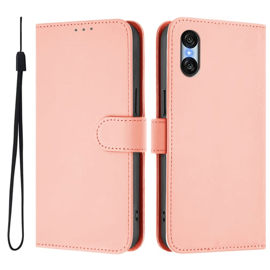 For Sony Xperia 10 VI 2024 Skin Feel Solid Color Leather Phone Case with Lanyard(Pink) by buy2fix