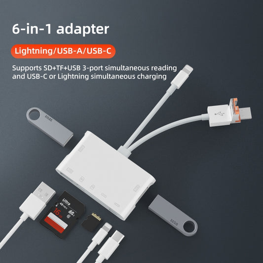 NK-1055TL Pro USB-C / Type-C, 8 Pin, USB to USB-C / Type-C, 8 Pin, 3 x USB, TF / SD Card Multi-function Adapter(White) by buy2fix