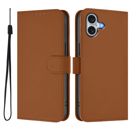 For iPhone 16 Plus Skin Feel Solid Color Leather Phone Case with Lanyard(Brown) by buy2fix