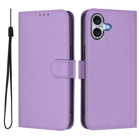 For iPhone 16 Plus Skin Feel Solid Color Leather Phone Case with Lanyard(Lavender Purple) by buy2fix