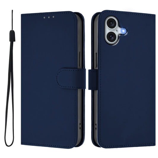 For iPhone 16 Plus Skin Feel Solid Color Leather Phone Case with Lanyard(Navy Blue) by buy2fix