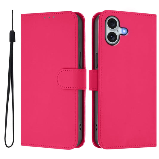 For iPhone 16 Plus Skin Feel Solid Color Leather Phone Case with Lanyard(Rose Red) by buy2fix