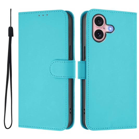 For iPhone 16 Skin Feel Solid Color Leather Phone Case with Lanyard(Lake Blue) by buy2fix