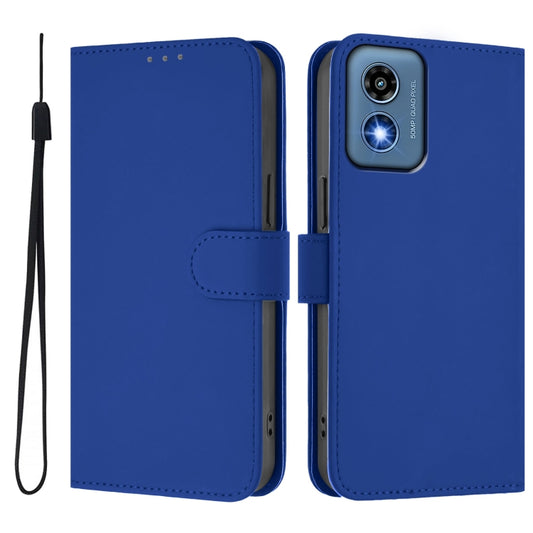 For Motorola Moto G Play 5G 2024 Global Skin Feel Solid Color Leather Phone Case with Lanyard(Dark Blue) by buy2fix