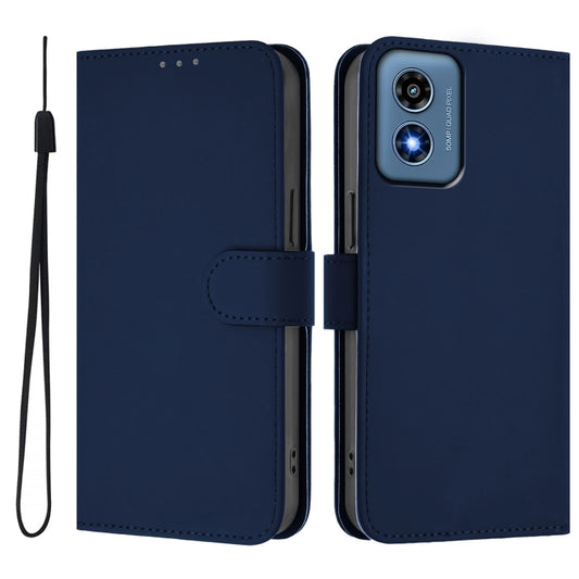 For Motorola Moto G Play 4G 2024 Global Skin Feel Solid Color Leather Phone Case with Lanyard(Navy Blue) by buy2fix