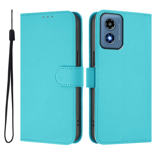 For Motorola Moto G Play 4G 2024 Global Skin Feel Solid Color Leather Phone Case with Lanyard(Lake Blue) by buy2fix