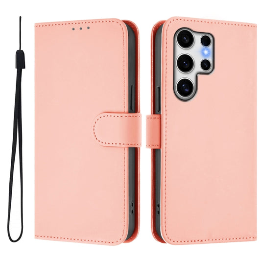 For Samsung Galaxy S25 Ultra 5G Skin Feel Solid Color Leather Phone Case with Lanyard(Pink) by buy2fix