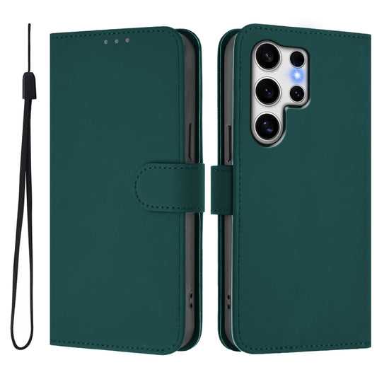 For Samsung Galaxy S25 Ultra 5G Skin Feel Solid Color Leather Phone Case with Lanyard(Dark Green) by buy2fix