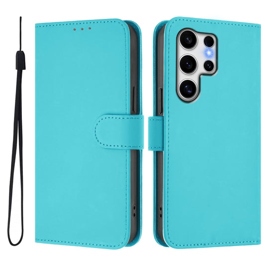 For Samsung Galaxy S25 Ultra 5G Skin Feel Solid Color Leather Phone Case with Lanyard(Lake Blue) by buy2fix