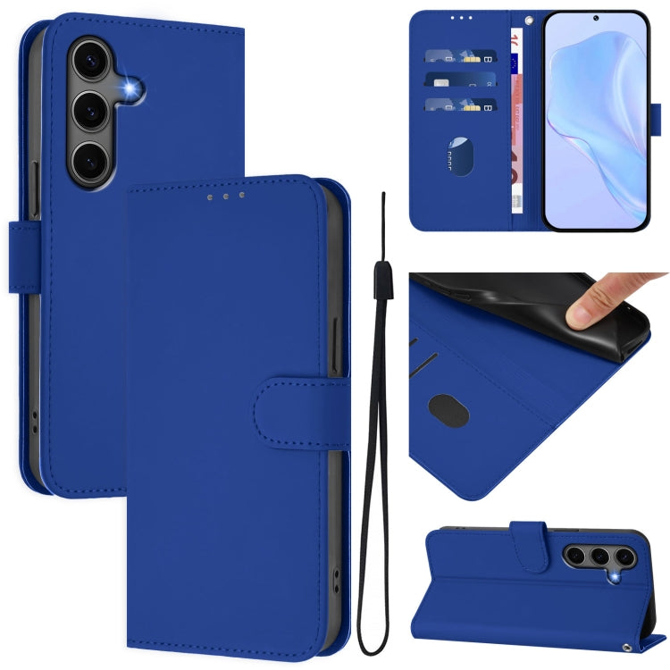 For Samsung Galaxy S25+ 5G Skin Feel Solid Color Leather Phone Case with Lanyard(Dark Blue) - Galaxy S25+ 5G Cases by buy2fix | Online Shopping UK | buy2fix
