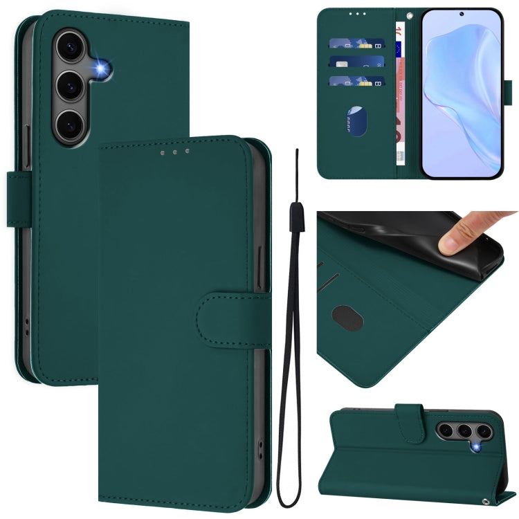 For Samsung Galaxy S25+ 5G Skin Feel Solid Color Leather Phone Case with Lanyard(Dark Green) - Galaxy S25+ 5G Cases by buy2fix | Online Shopping UK | buy2fix