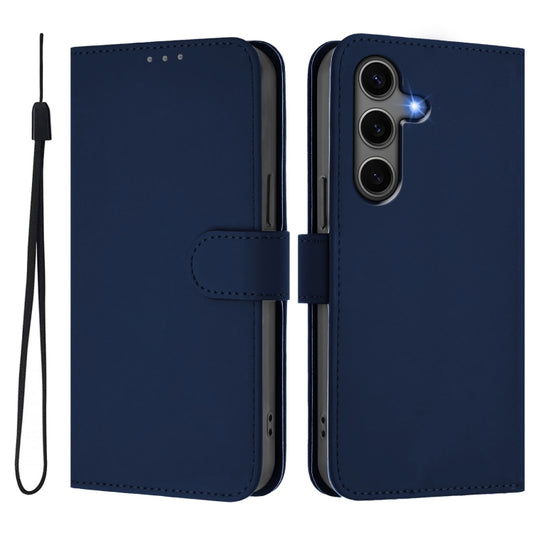 For Samsung Galaxy S25+ 5G Skin Feel Solid Color Leather Phone Case with Lanyard(Navy Blue) by buy2fix