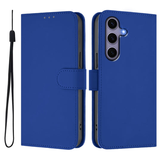 For Samsung Galaxy S25 5G Skin Feel Solid Color Leather Phone Case with Lanyard(Dark Blue) by buy2fix