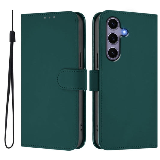 For Samsung Galaxy S25 5G Skin Feel Solid Color Leather Phone Case with Lanyard(Dark Green) by buy2fix