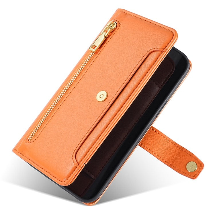 For iPhone 16 Sheep Texture Cross-body Zipper Wallet Leather Phone Case(Orange) - iPhone 16 Cases by buy2fix | Online Shopping UK | buy2fix