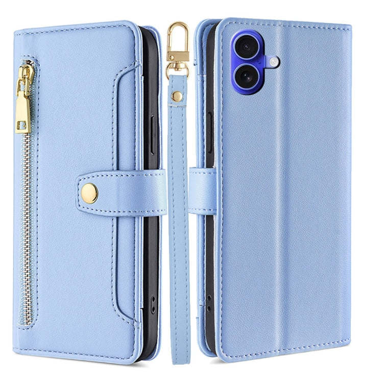 For iPhone 16 Sheep Texture Cross-body Zipper Wallet Leather Phone Case(Blue) - iPhone 16 Cases by buy2fix | Online Shopping UK | buy2fix