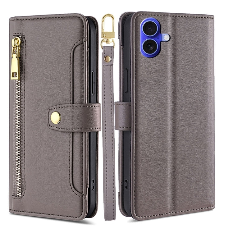 For iPhone 16 Sheep Texture Cross-body Zipper Wallet Leather Phone Case(Grey) - iPhone 16 Cases by buy2fix | Online Shopping UK | buy2fix