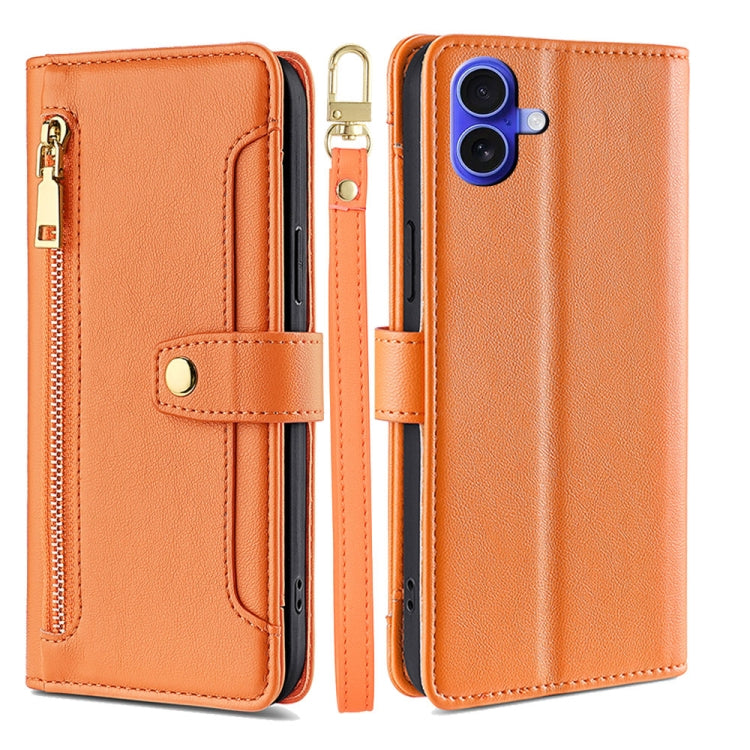 For iPhone 16 Plus Sheep Texture Cross-body Zipper Wallet Leather Phone Case(Orange) - iPhone 16 Plus Cases by buy2fix | Online Shopping UK | buy2fix