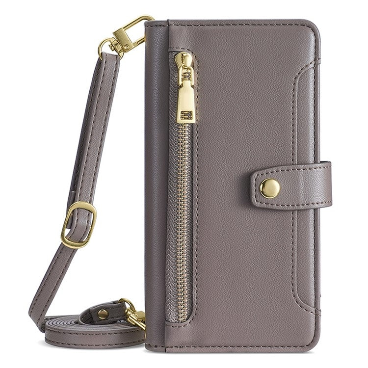 For iPhone 16 Plus Sheep Texture Cross-body Zipper Wallet Leather Phone Case(Grey) - iPhone 16 Plus Cases by buy2fix | Online Shopping UK | buy2fix