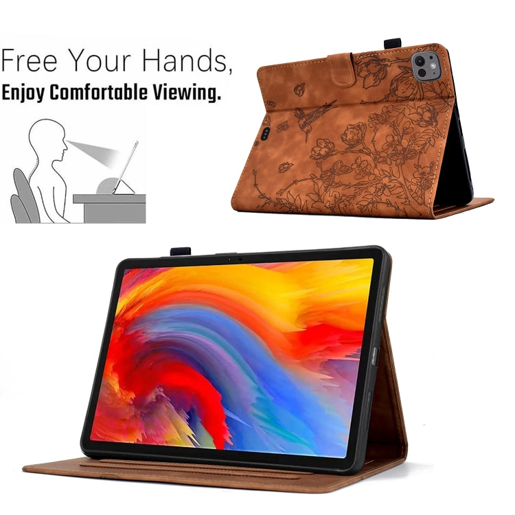 For iPad Pro 11 2024 Flowers and Bird Embossed Smart Leather Tablet Case(Brown) - iPad Pro 11 2024 Cases by buy2fix | Online Shopping UK | buy2fix
