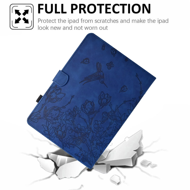 For Samsung Galaxy Tab S9 Flowers and Bird Embossed Smart Leather Tablet Case(Dark Blue) by buy2fix