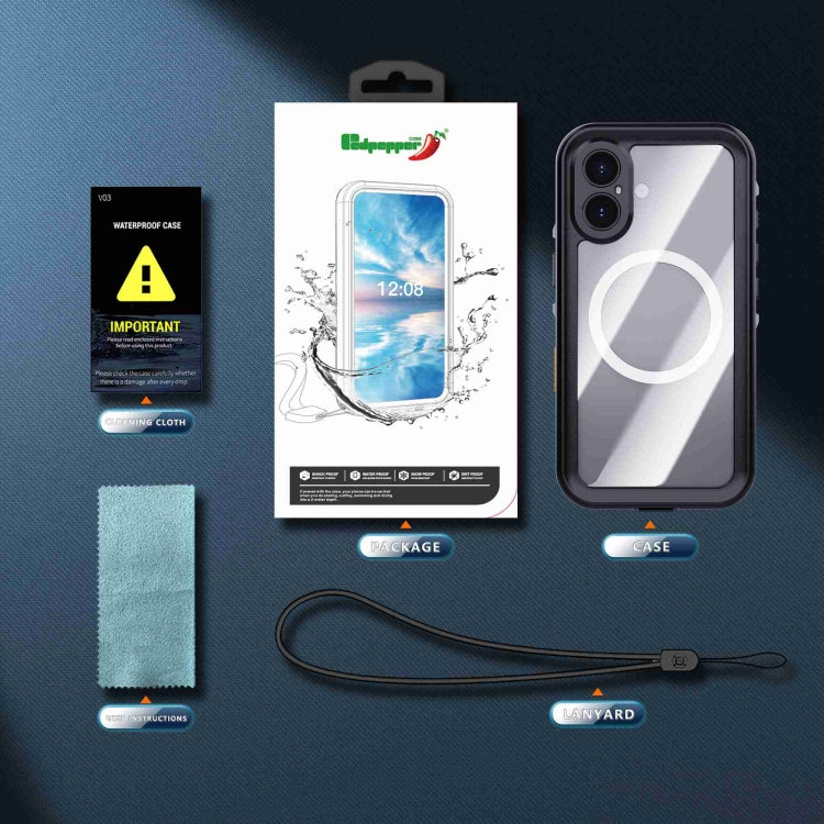 For iPhone 16 RedPepper Transparent Dot IP68 Waterproof Triple-proof MagSafe Phone Case(Black Dark Grey) by RedPepper