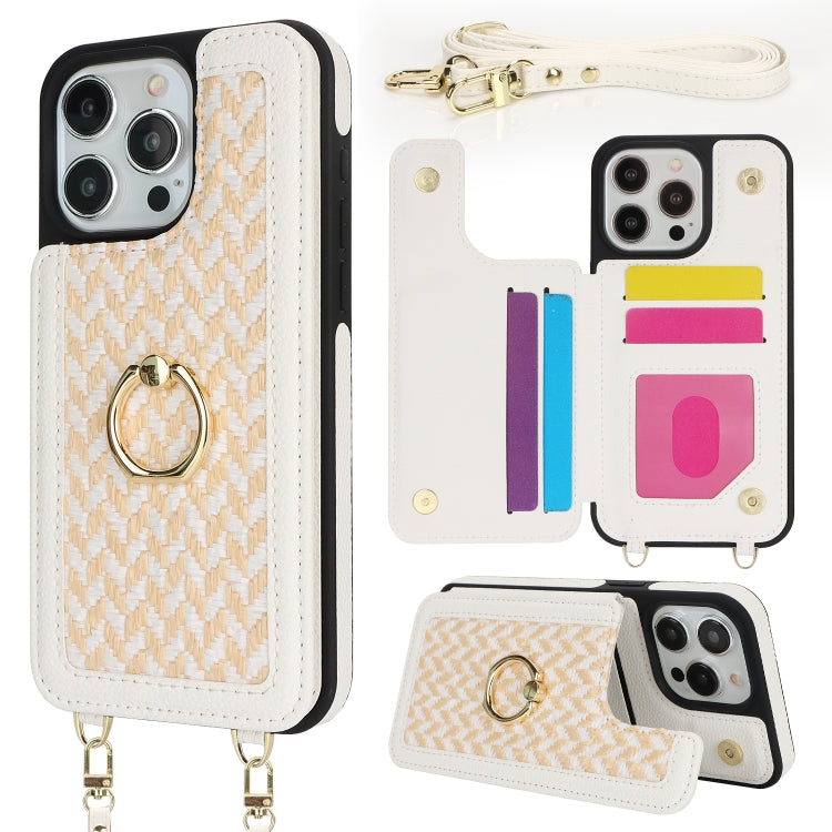 For iPhone 15 Pro Double Bckle Card Slot Full Coverage Phone Case with Cross-body Strap(White) - iPhone 15 Pro Cases by buy2fix | Online Shopping UK | buy2fix