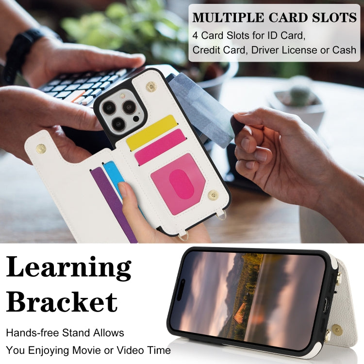 For iPhone 15 Pro Double Bckle Card Slot Full Coverage Phone Case with Cross-body Strap(White) - iPhone 15 Pro Cases by buy2fix | Online Shopping UK | buy2fix