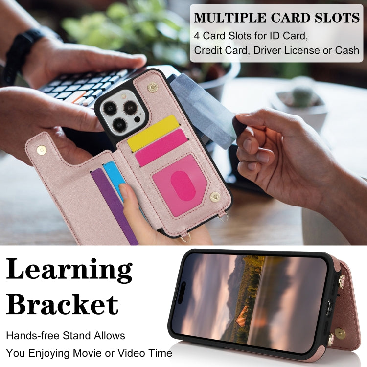 For iPhone 15 Pro Double Bckle Card Slot Full Coverage Phone Case with Cross-body Strap(Rose Gold) - iPhone 15 Pro Cases by buy2fix | Online Shopping UK | buy2fix