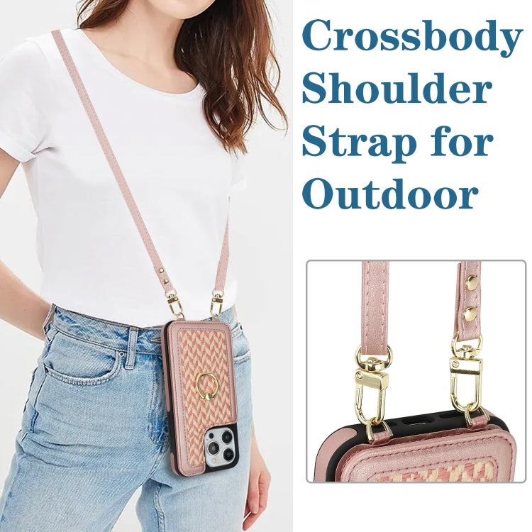 For iPhone 15 Pro Double Bckle Card Slot Full Coverage Phone Case with Cross-body Strap(Rose Gold) - iPhone 15 Pro Cases by buy2fix | Online Shopping UK | buy2fix