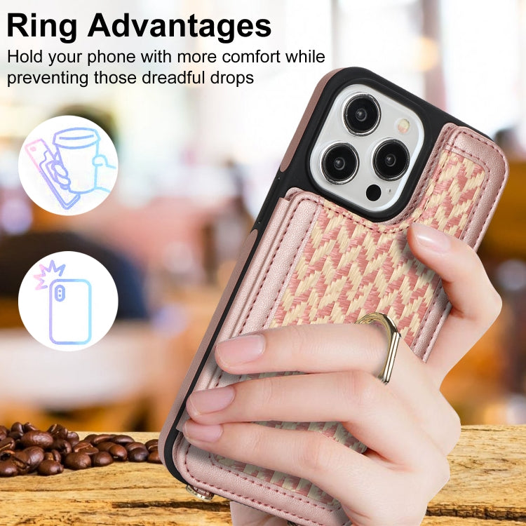 For iPhone 15 Pro Double Bckle Card Slot Full Coverage Phone Case with Cross-body Strap(Rose Gold) - iPhone 15 Pro Cases by buy2fix | Online Shopping UK | buy2fix